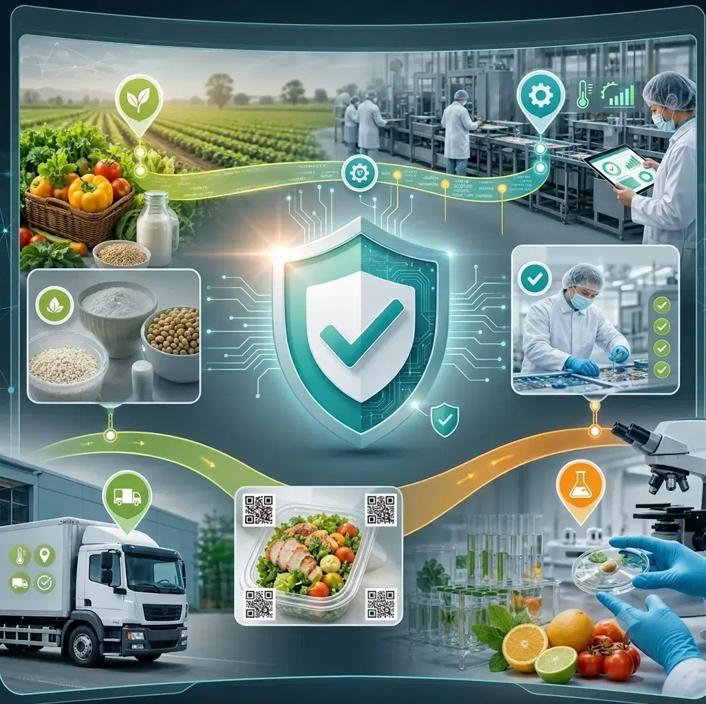 Food safety collage spanning farm produce, a processing line, QR-coded packaging, cold-chain delivery and laboratory testing around a central assurance shield