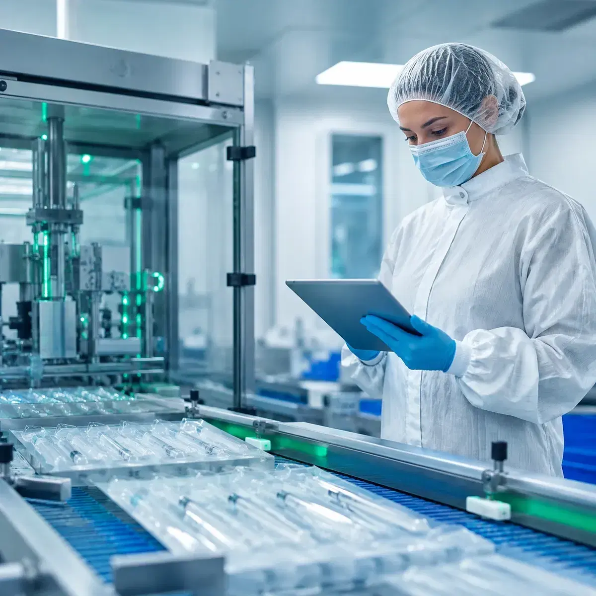 Quality specialist in cleanroom gowning recording device history data on a tablet beside a sterile packaging line of single-use medical devices under ISO 13485 controls