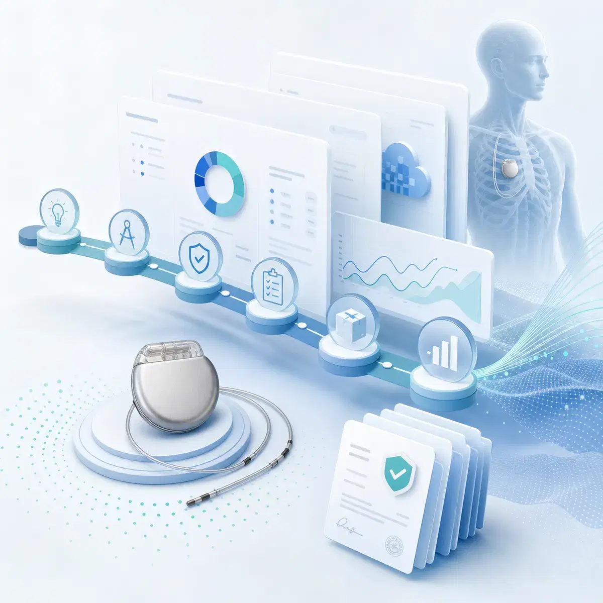 Illustration of a connected medical device design and pre-market quality system