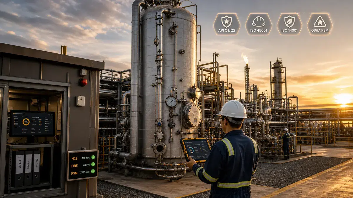 Field operator with a rugged tablet at a refinery at sunset, with a process-safety status board and API Q1/Q2, ISO 45001, ISO 14001 and OSHA PSM badges