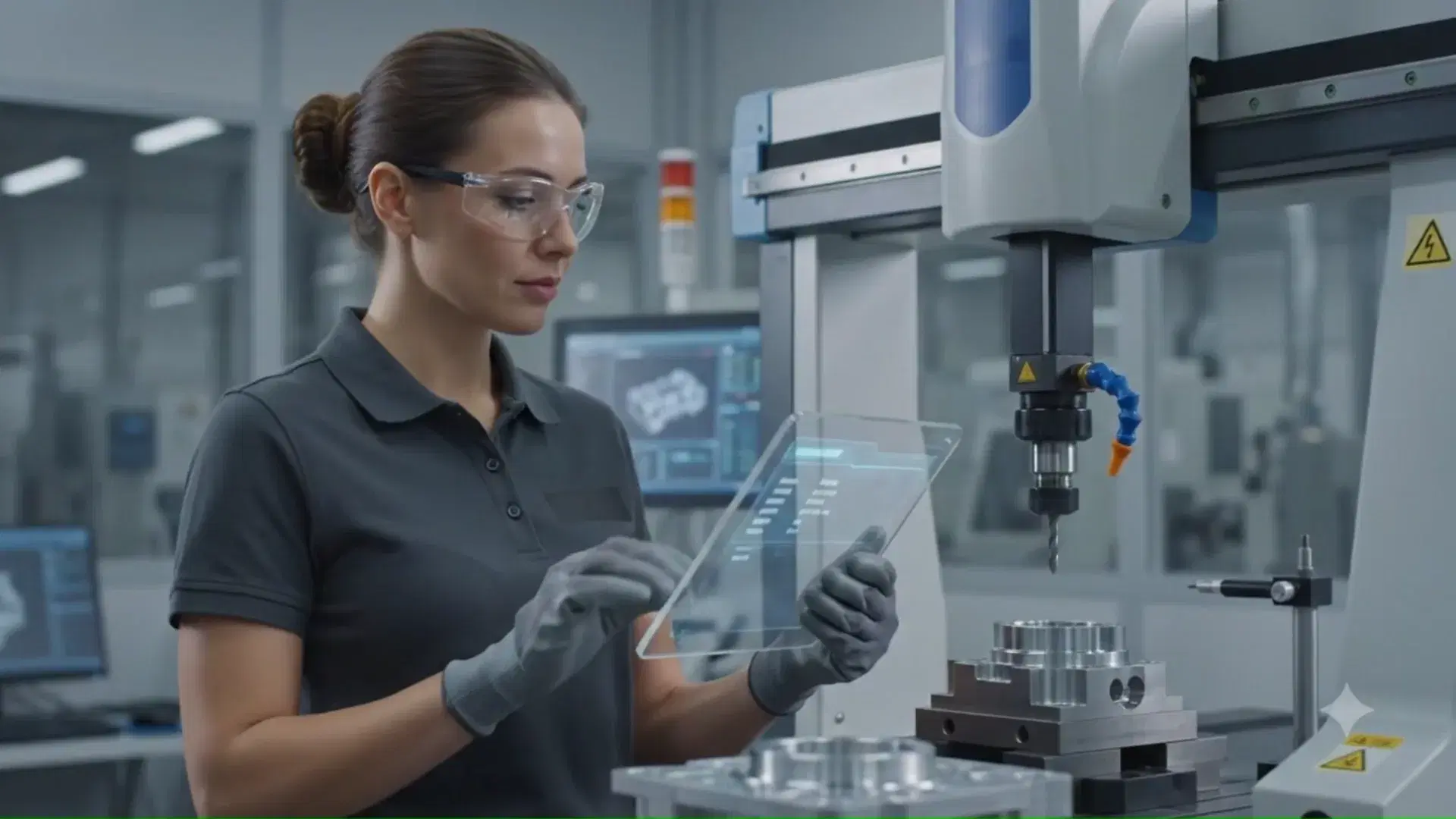 A quality technician reviewing inspection data on a tablet beside a coordinate measuring machine on the shop floor