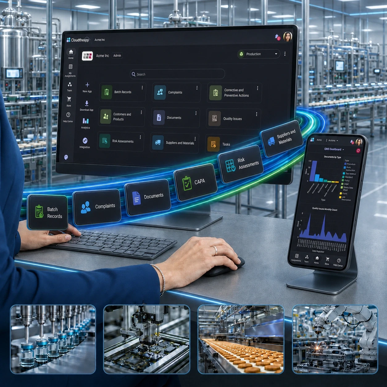 The Cloudtheapp QMS on a monitor and a phone on a production floor — batch records, complaints, CAPA and document apps beside a quality dashboard — above the industries it serves: pharmaceutical, electronics, food and automotive manufacturing.
