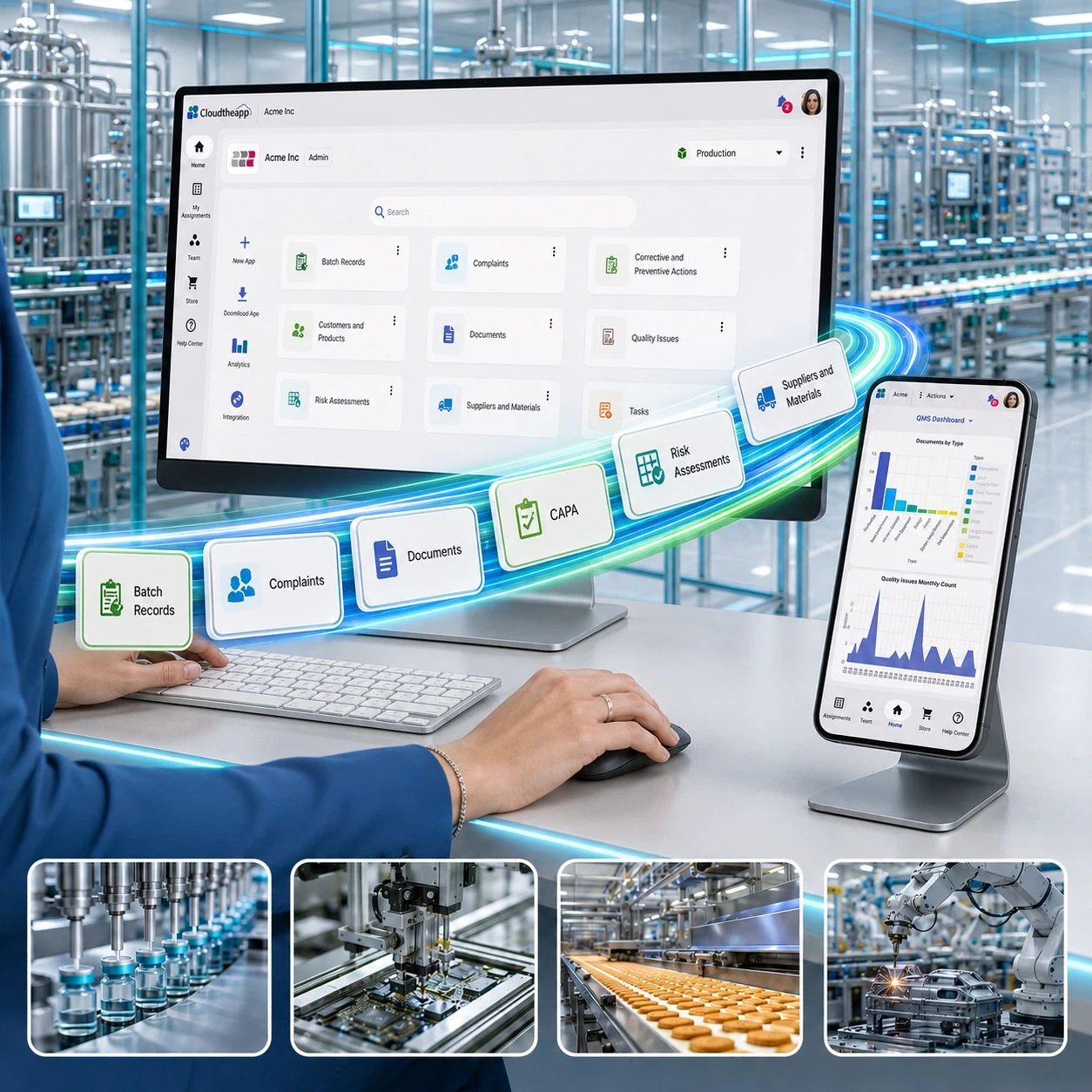 The Cloudtheapp QMS on a monitor and a phone on a production floor — batch records, complaints, CAPA and document apps beside a quality dashboard — above the industries it serves: pharmaceutical, electronics, food and automotive manufacturing.