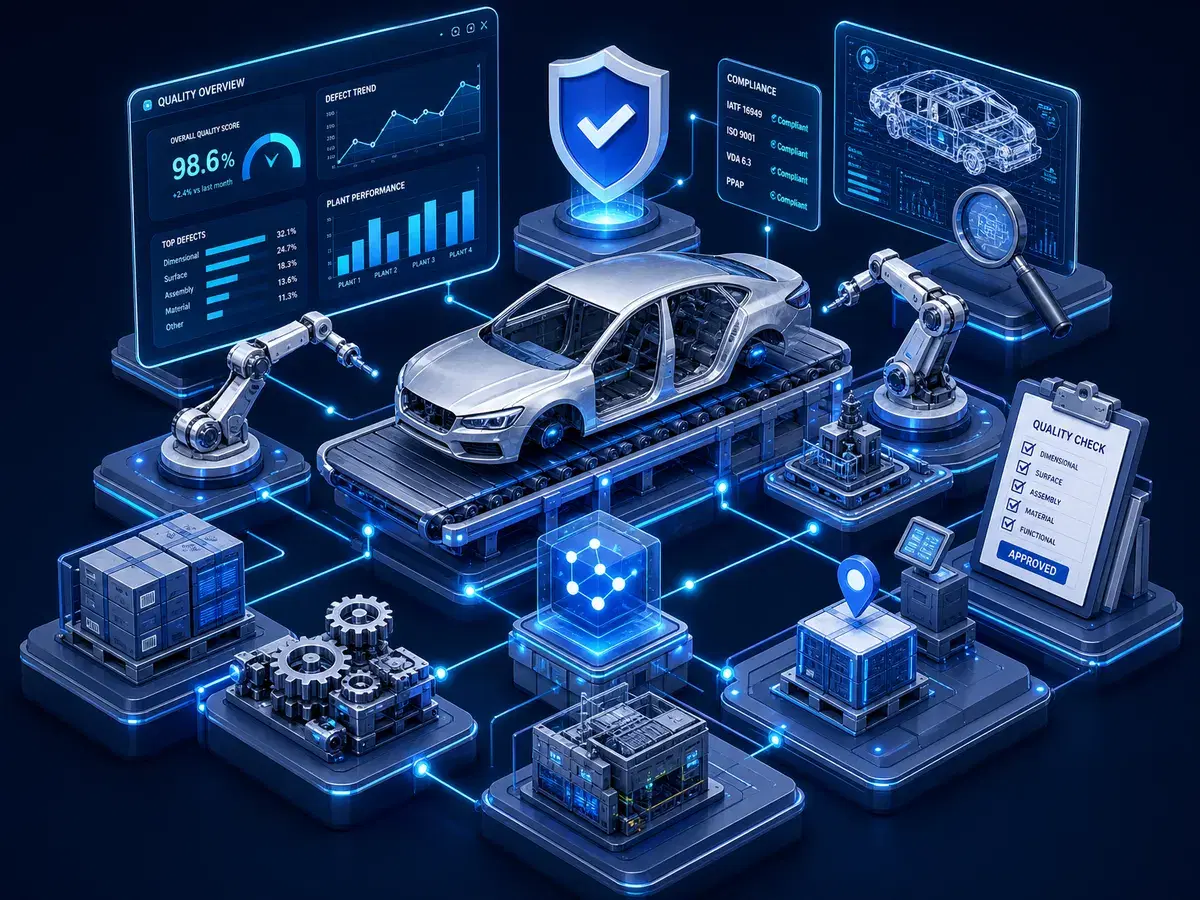 Isometric automotive assembly line with robotic arms and a quality dashboard showing IATF 16949, ISO 9001, VDA 6.3 and PPAP compliance