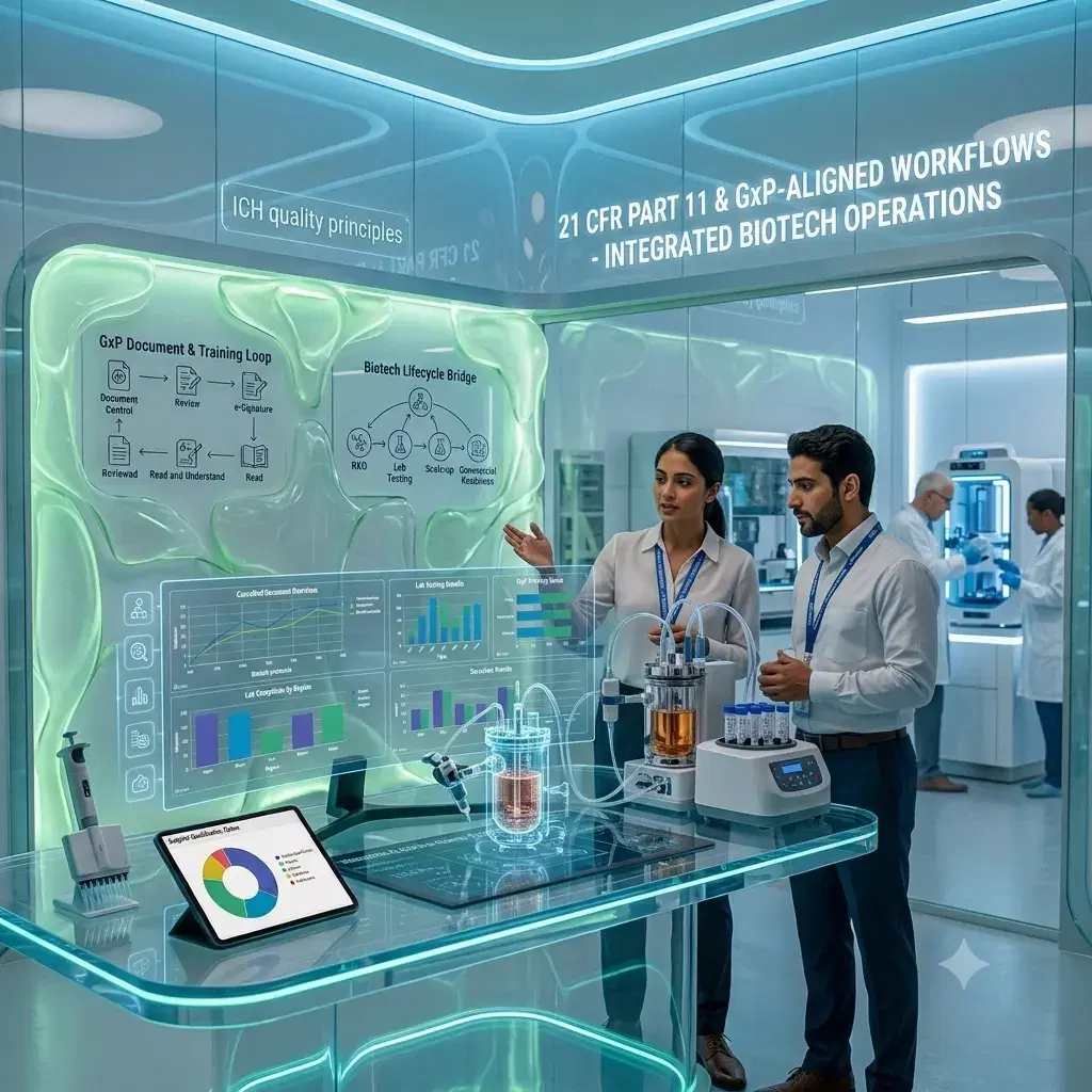 Two colleagues reviewing GxP document-control and lifecycle workflows on a glass display in a biotechnology lab, beside a benchtop bioreactor and sample vials