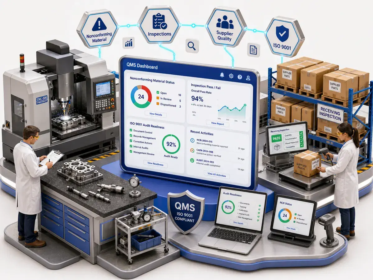 Isometric manufacturing floor with CNC machining, metrology and receiving inspection around a QMS dashboard tracking nonconforming material, inspection pass rate and ISO 9001 audit readiness
