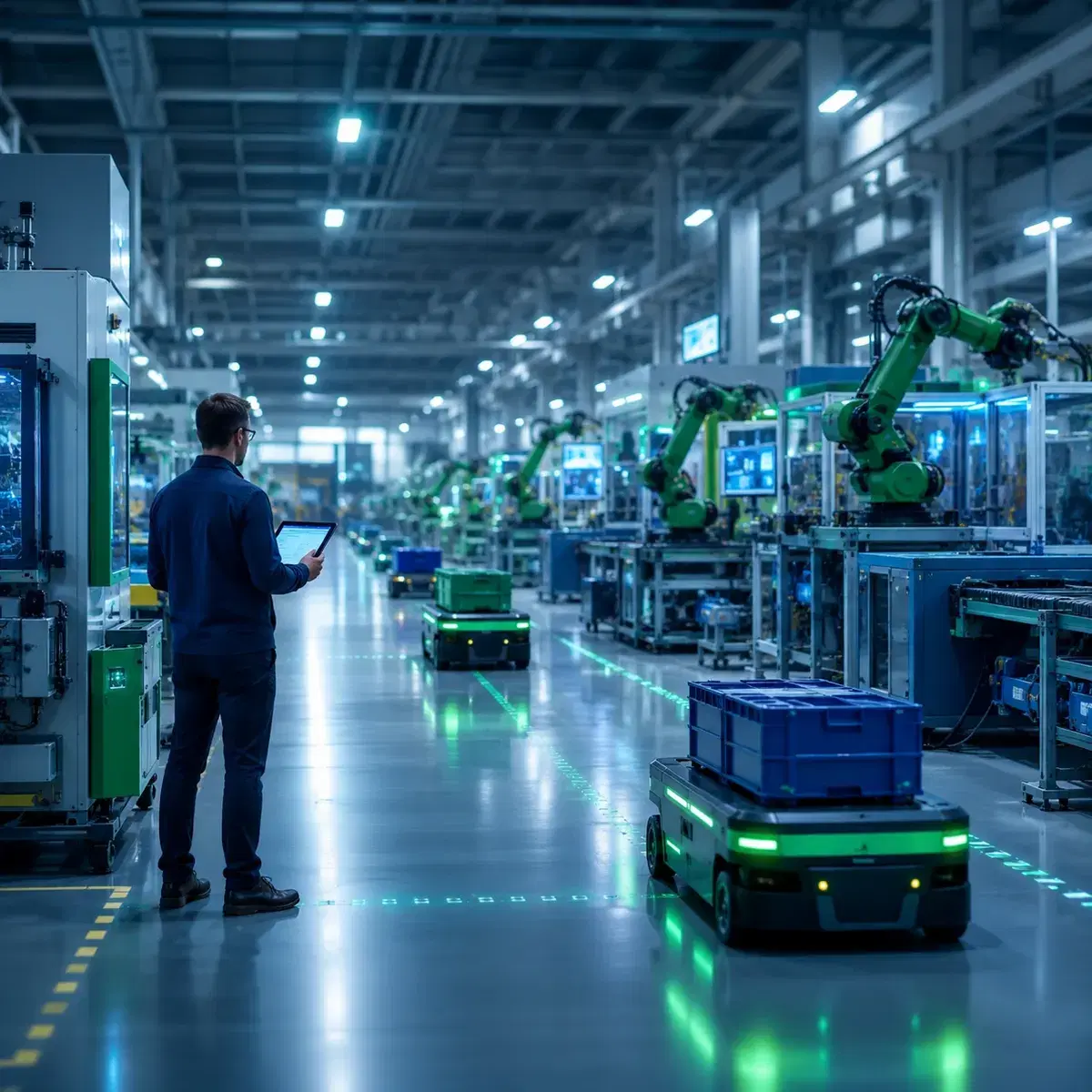 Production engineer with a tablet of in-process checks on a smart manufacturing floor, with robotic assembly cells, line-side terminals and automated guided vehicles moving material between stations