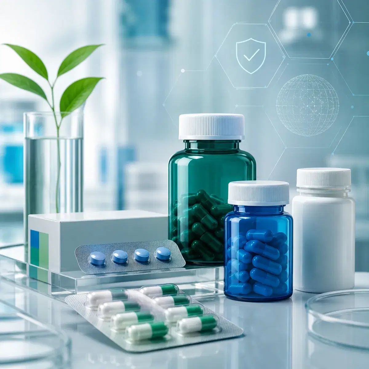 Finished pharmaceutical products, capsule bottles and blister packs on a laboratory bench, with a serialization and compliance overlay representing cGMP release and traceability