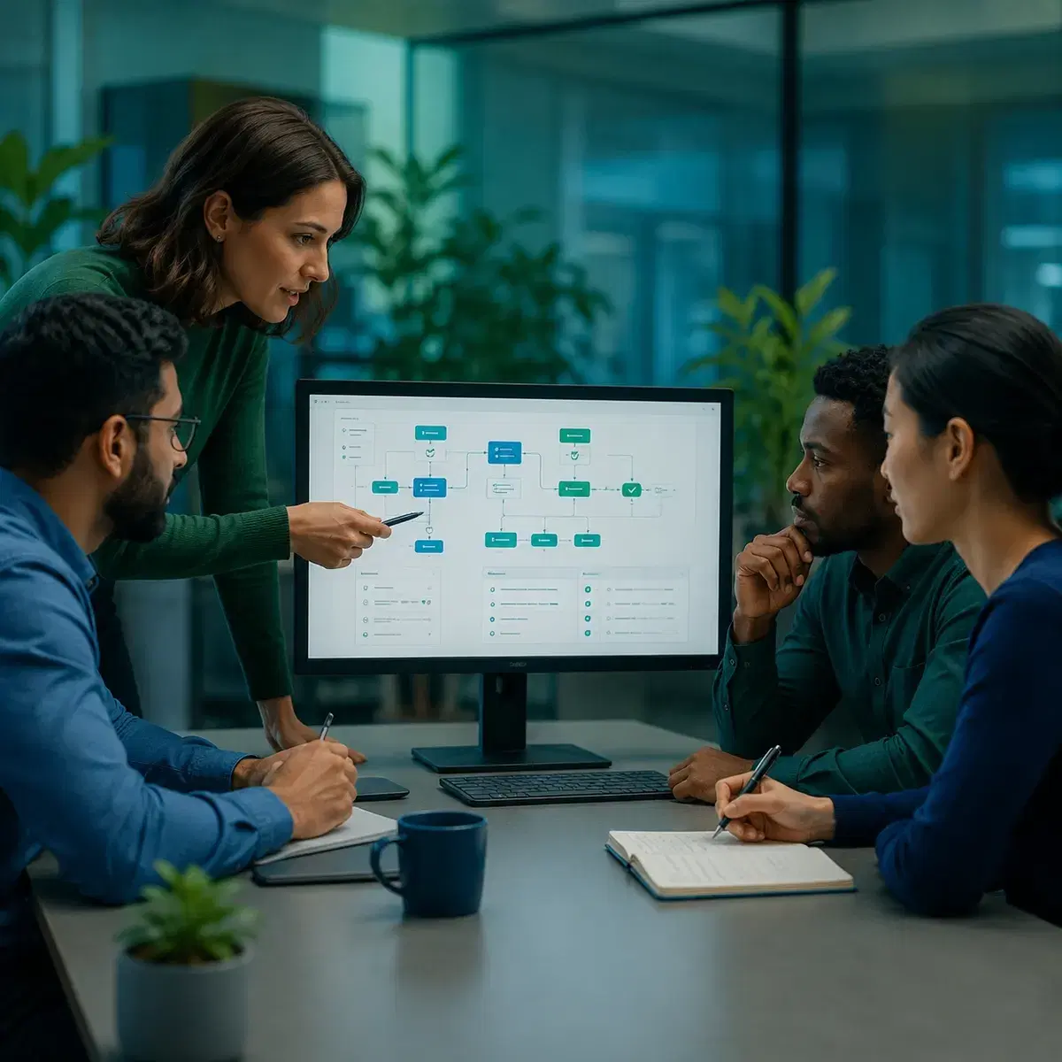 Validation team reviewing a controlled computer system validation workflow diagram on screen, walking through qualification steps and approval gates together